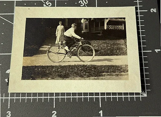 1920s BOY Showing Off for Mom RIDING BICYCLE Bike Antique Snapshot PHOTO
