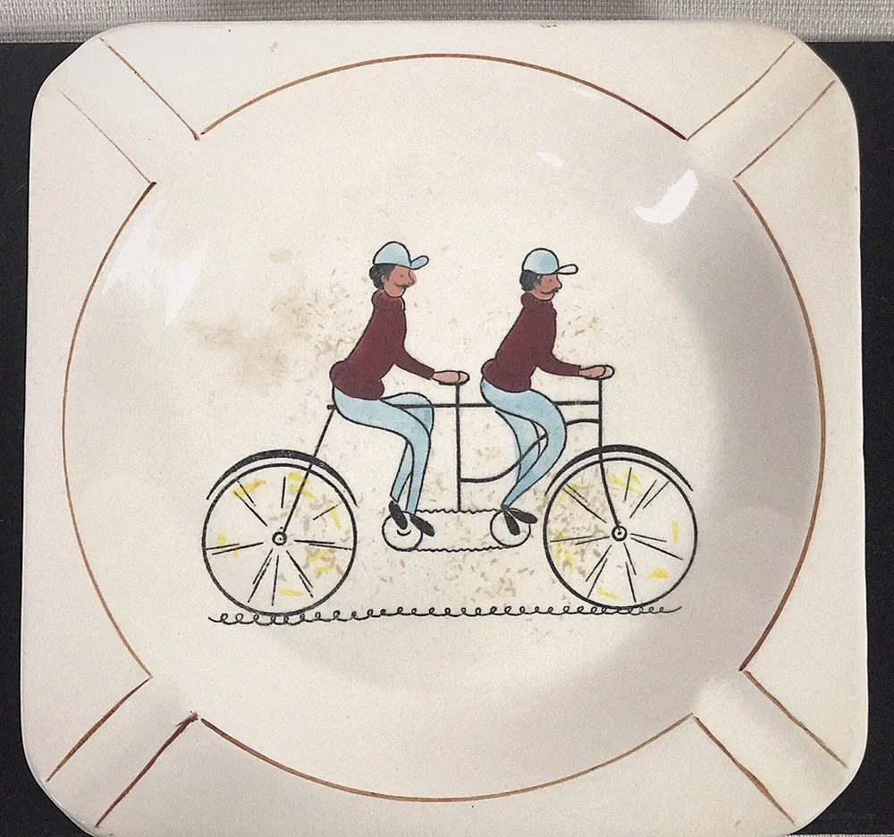 Ceramic Ashtray Gay Ninety's Dandy Men on Tandem Bicycle Built for Two Worn