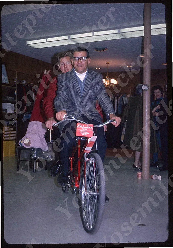 sl10 Original slide 1960's Schwinn tandem Bicycle two men 933a