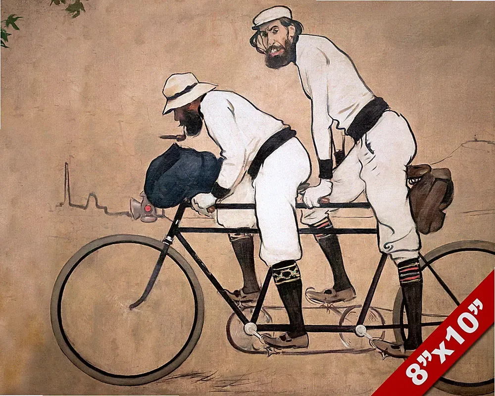 TWO MEN RIDING ON TANDEM BICYCLE FRENCH STYLE PAINTING ART REAL CANVAS PRINT